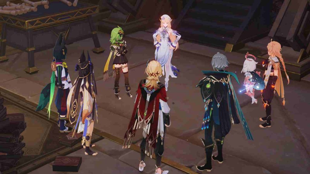 Genshin Impact Luna VII version 6.6 Archon Quest official screenshot showing Nicole, Collei, Thighnari, Cyno, Kaveh, Alhaitham, and the Traveler together in discussion