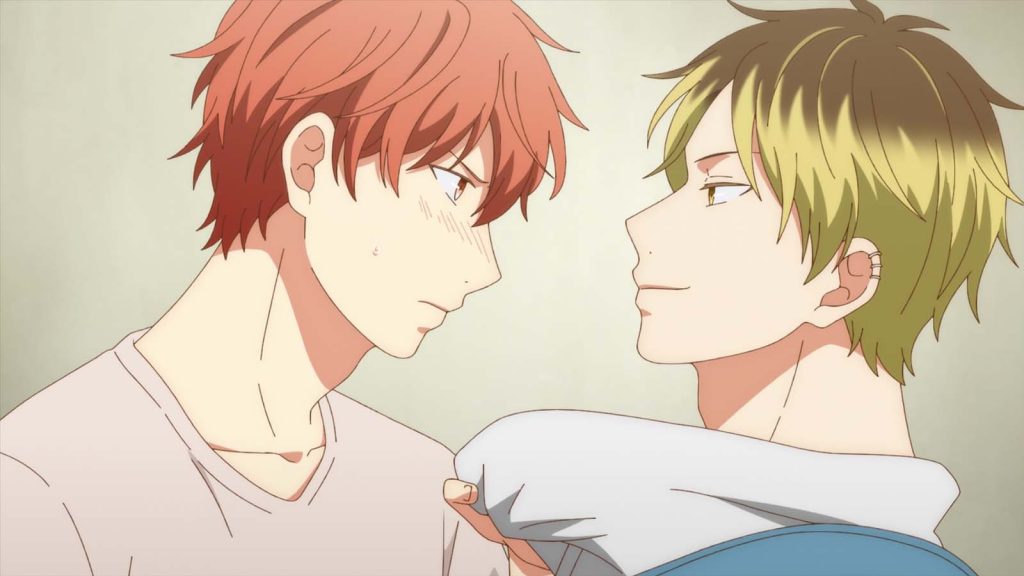 Mafuyu Satou grabbing Hiiragi Kashima's shirt in the Given anime.
