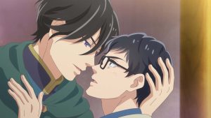 Aresh Indolark holding Seiichirou Kondou close in the Isekai Office Worker anime.