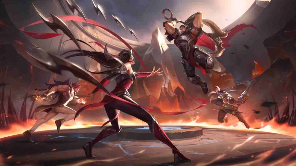 Sett, Irelia, Darius, and Garen fighting in LoL Arena game mode in official promotional splashart 