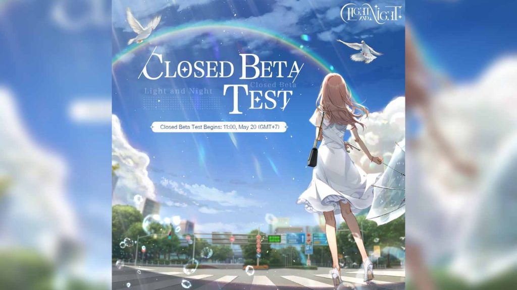 The graphic announcement for the Light and Night closed beta test showing the female main character standing in a white dress. while holding an umbrella.