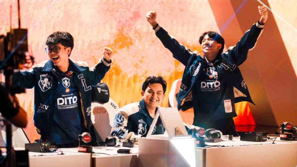 Team Liquid's Sanji, KarlTzy, and Sanford celebrating victory on stage at MSC 2025 at EWC
