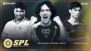 A poster for the SURGE Pro League Season 2 announcement featuring players Sanji from Team Falcon, March from Verso Time, and Tienzy from Aurora Gaming.