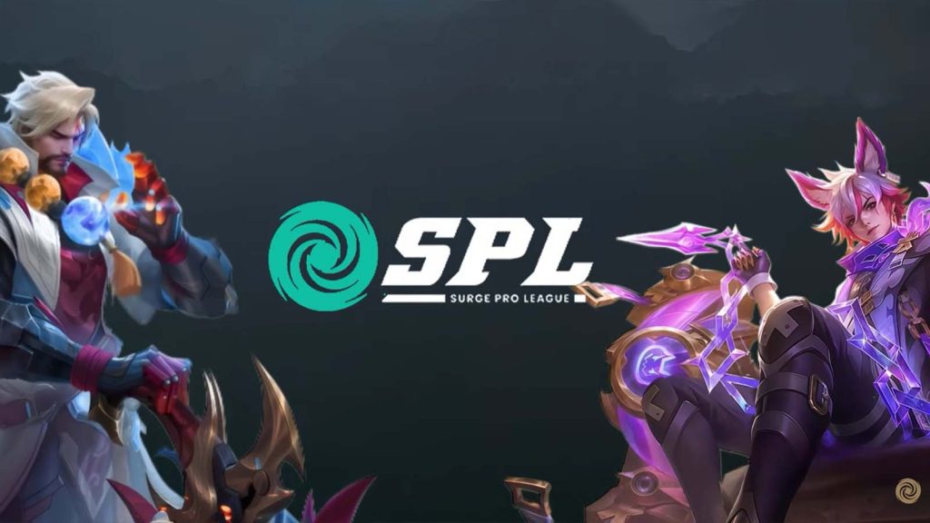 Mobile Legends: Bang Bang heroes Roger and Julian in a graphic that includes the Surge Pro League logo.