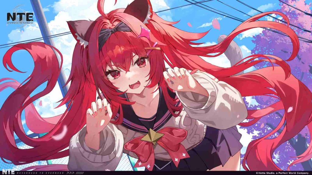 Nanally in schoolgirl outfit posing in paw pose in official Neverness to Everness wallpaper