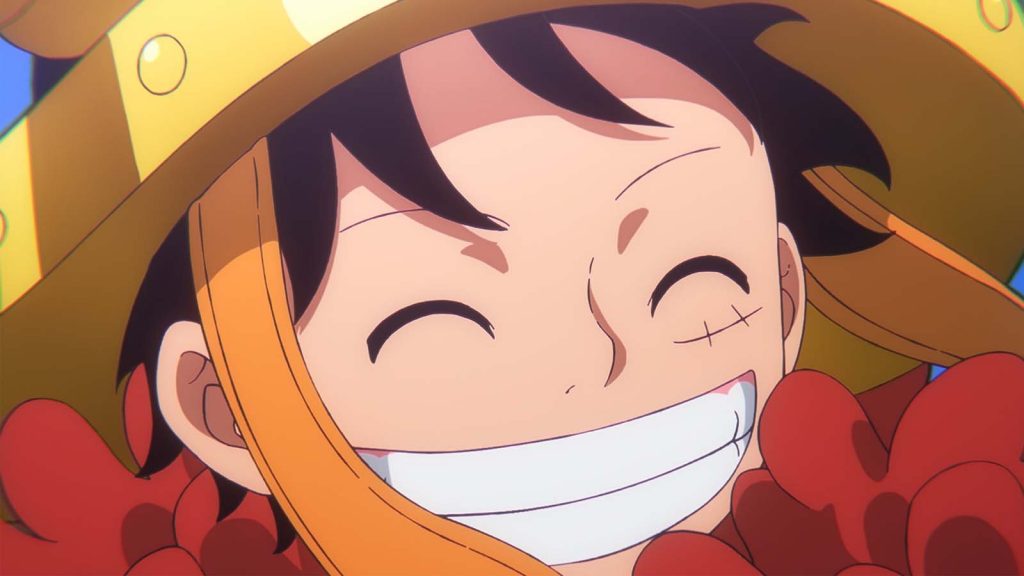 Monkey D. Luffy smiling in the Elbaph Arc in the One Piece anime series.