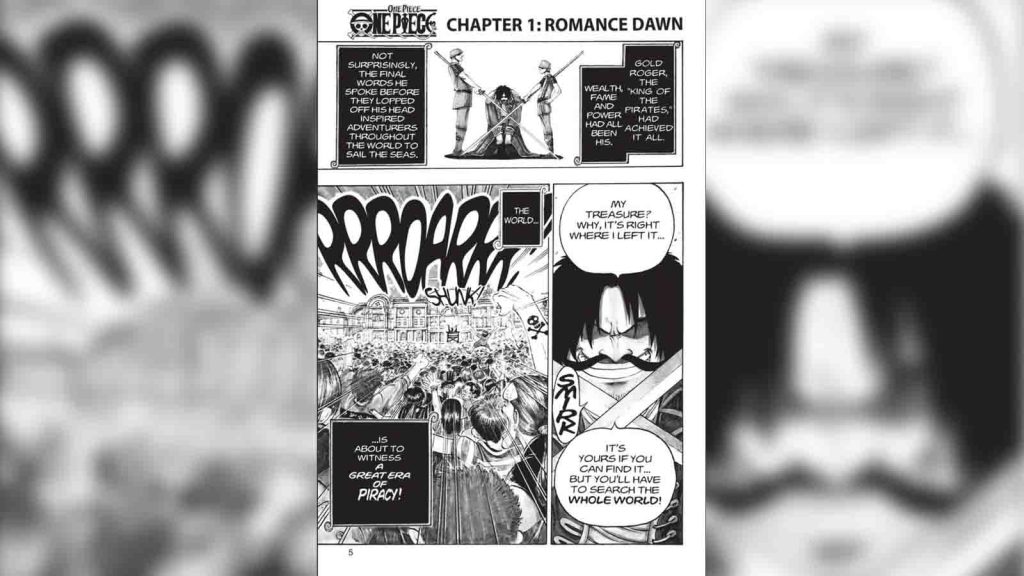 The first chapter of the One Piece manga titled "Romance Dawn" featuring Gol D. Roger on the first page.