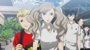 Ann Takamaki, Ryuji Sakamoto, and Protagonist wearing school gym clothes in official Persona 5 Royal screenshot