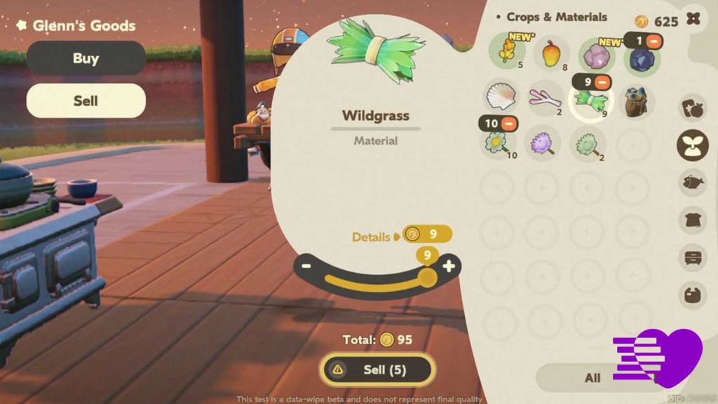 Wildgrass being sold to Glenn's Goods in Petit Planet.