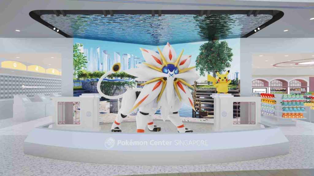 Pokemon Center Singapore storefront featuring legendary Pokemon Solgaleo and Pikachu