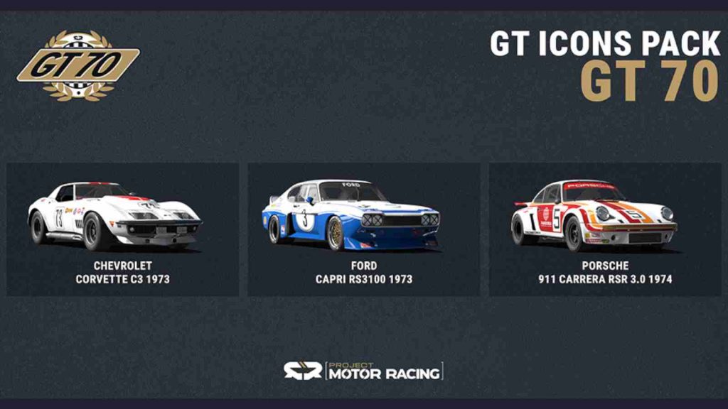 Project Motor Racing GT Icons pack DLC GT 70 class cars include the 1974 Porsche 911 Carrera RSR 3.0, the muscular 1973 Chevrolet Corvette C3, and the highly competitive 1973 Ford Capri RS3100.