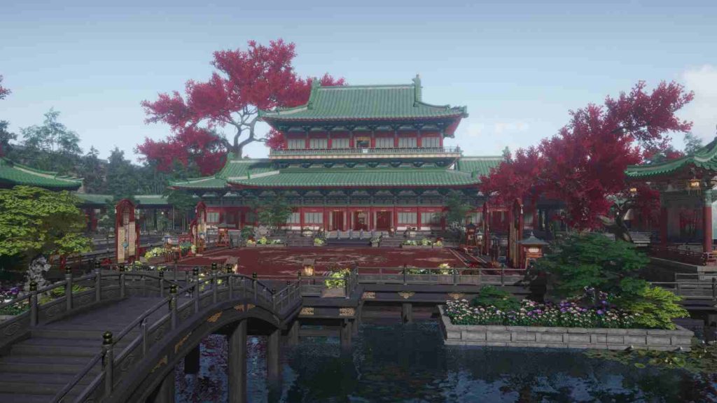 Where Winds meet inside the Imperial Palace inner courtyard with bridge over the pond in official screenshot