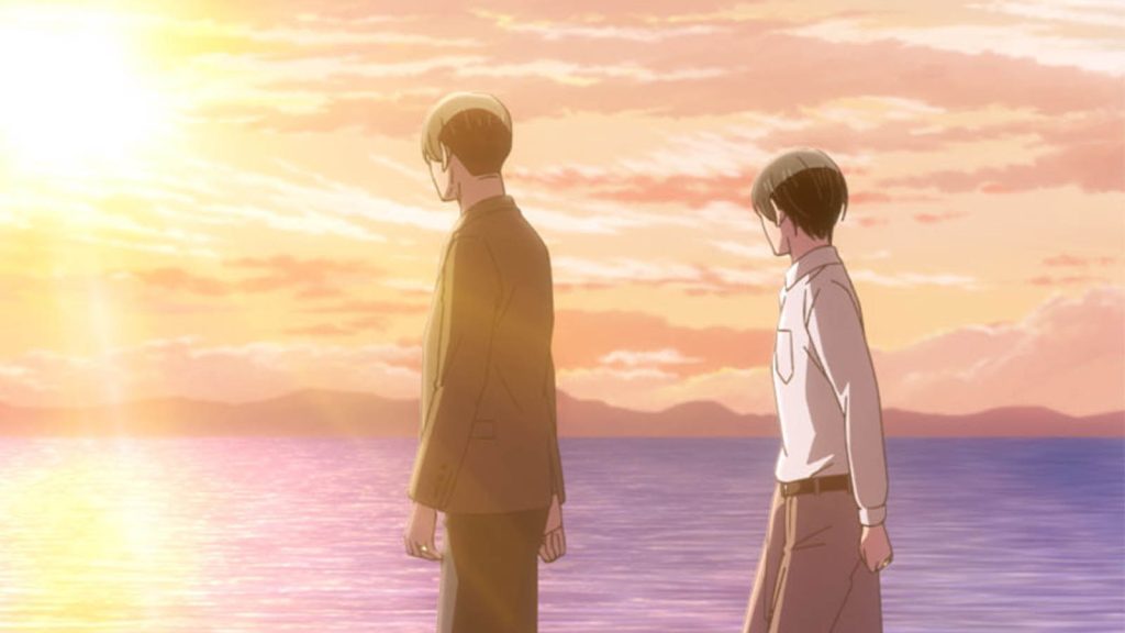 Cherry Magic anime characters Yuuichi Kurosawa and Kiyoshi Adachi watching the sunset together.