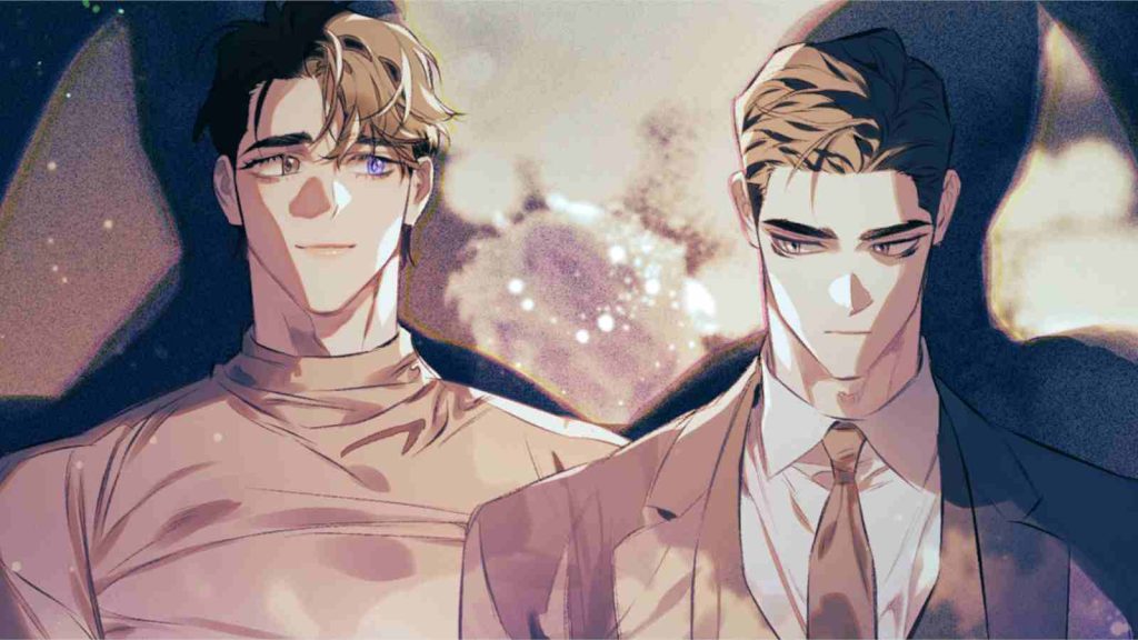 Boys Love manhwa Define The Relationship key visual of Ash looking sideways towards Karlyle