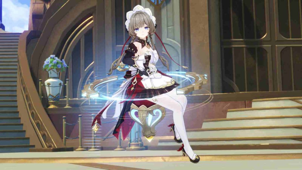 Sandrone levitating on a device in official Genshin Impact screenshot