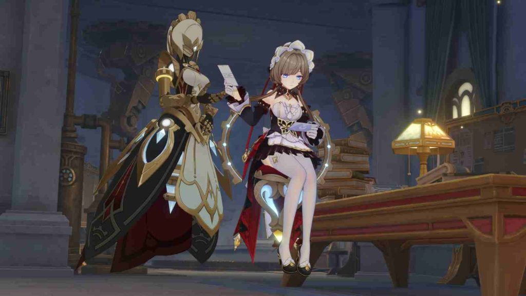 Sandrone reading letter and passing the envelope to Fagio in official Genshin Impact screenshot 
