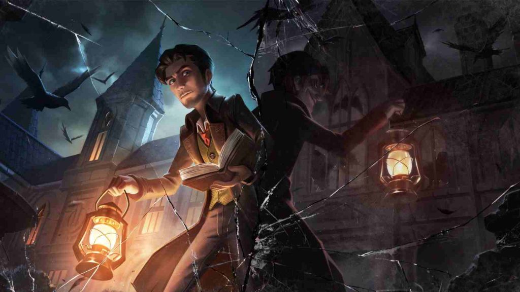 Identity V official wallpaper of Detective Orpheus shown in a cracked mirror