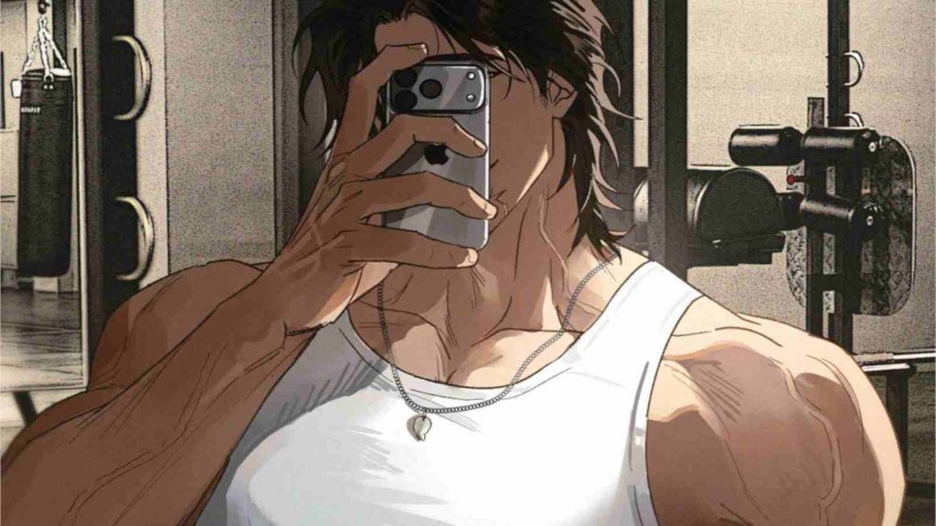 Song of the Wasteland art by Jaxx depicting a dark-haired, muscular man named Ezra taking a selfie of himself in the mirror