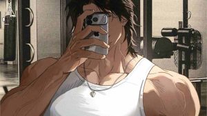 Song of the Wasteland art by Jaxx depicting a dark-haired, muscular man named Ezra taking a selfie of himself in the mirror