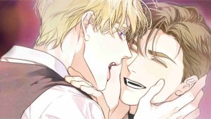 A blonde-haired Chase holds Josh's smiling face in Kiss Me If You Can boys love BL manhwa