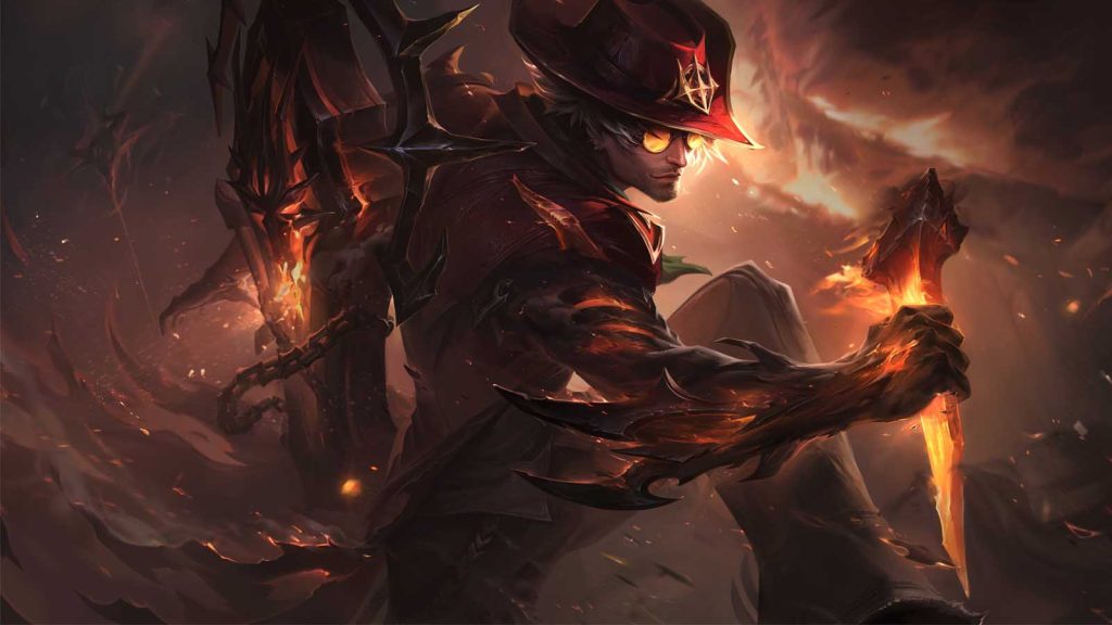 High Noon Locke official splashart: His right arm pulses with dark infernal energy as he holds a molten railway spike in his hand. His red cowboy hat with gold trim features a golden emblem that shines from the fires burning down the house behind him.
