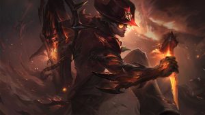 High Noon Locke official splashart: His right arm pulses with dark infernal energy as he holds a molten railway spike in his hand. His red cowboy hat with gold trim features a golden emblem that shines from the fires burning down the house behind him.