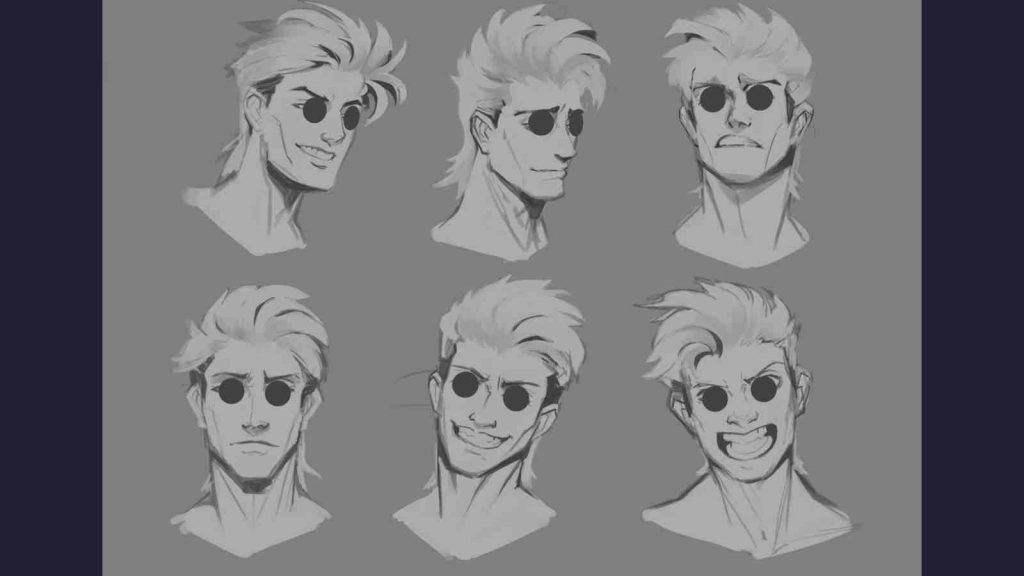 Locke wearing glasses making various facial expressions in official concept art