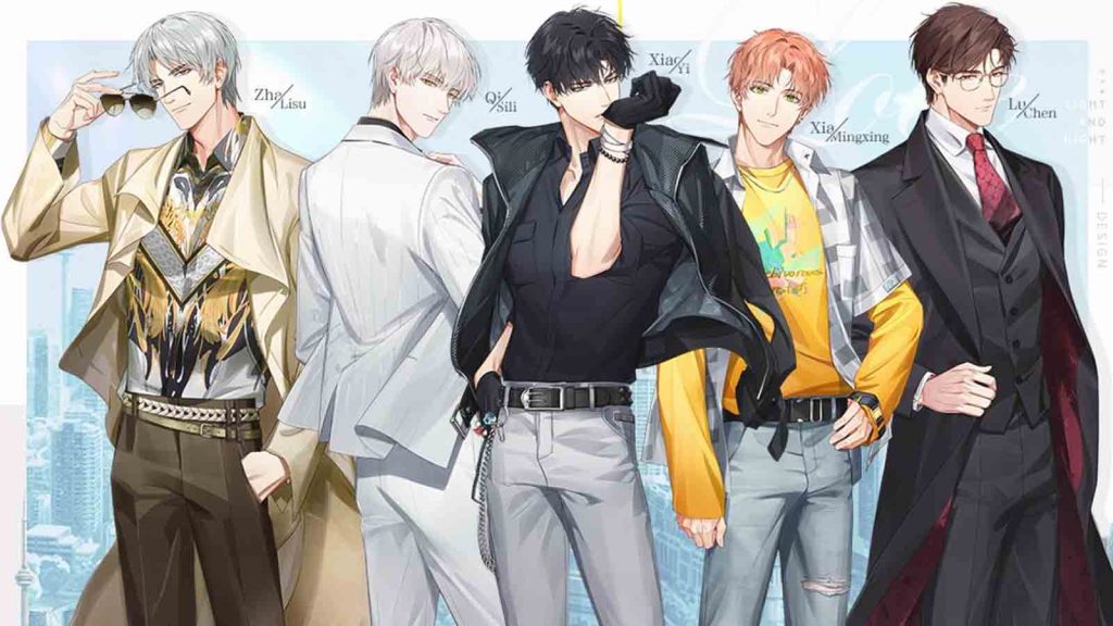 Light and Night characters Xiao Yi, Lu Chen, Qi Sili, Zha Lisu, and Xia Mingxing, all standing up while posing.