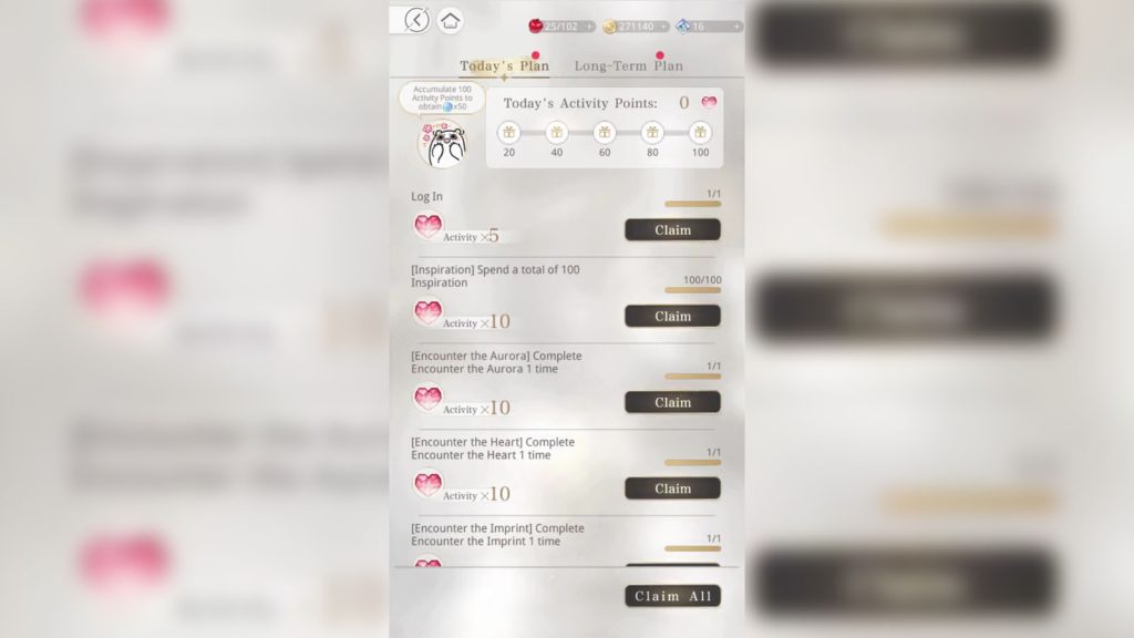 The daily activity menu and today's plan in Light and Night.