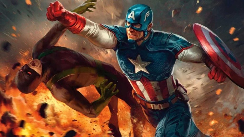 Captain America throwing a punch in MTG Marvel Superheroes Avengers Assemble deck key visual