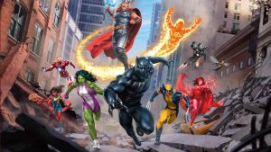 MTG Marvel Superheroes key visual featuring Black Panther, Thor, Human Torch, Wolverine, Scarlet Witch, She-Hulk , Iron Man, and more