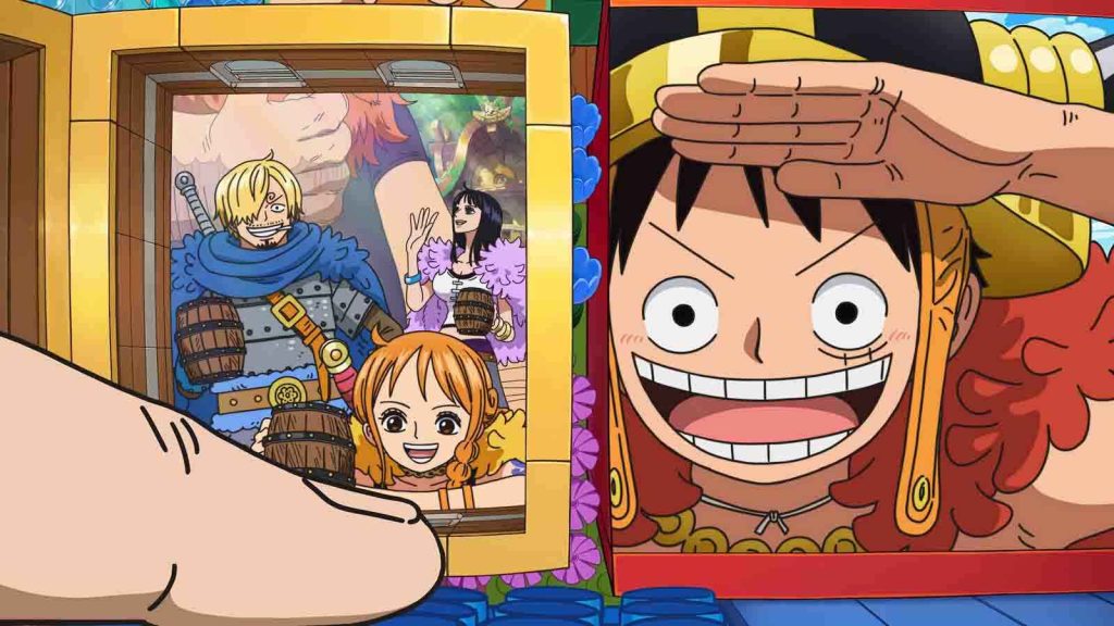 One Piece key visual for the Elbaph Arc featuring Monkey D. Luffy with Sanji, Robin, and Nami, along with a giant finger.