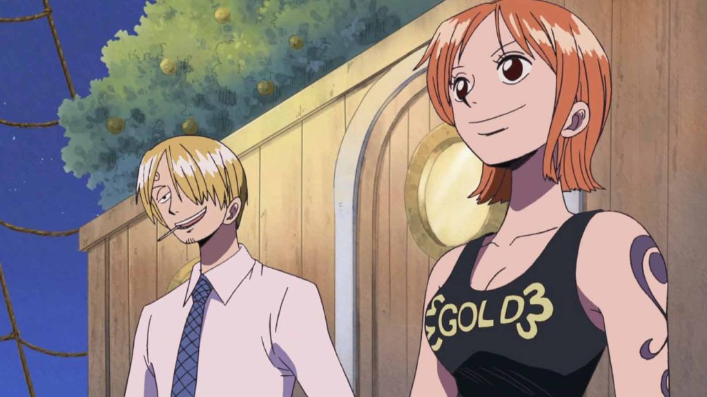 Sanji and Nami standing side by side aboard the Going Merry ship in One Piece anime episode 207.