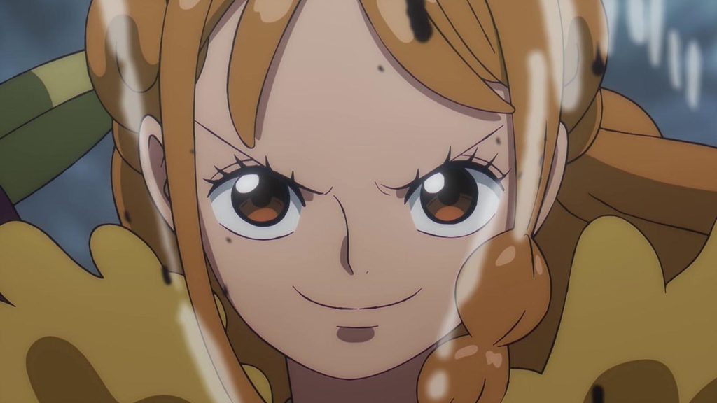 Nami grinning in Elbaph Arc in the One Piece anime.