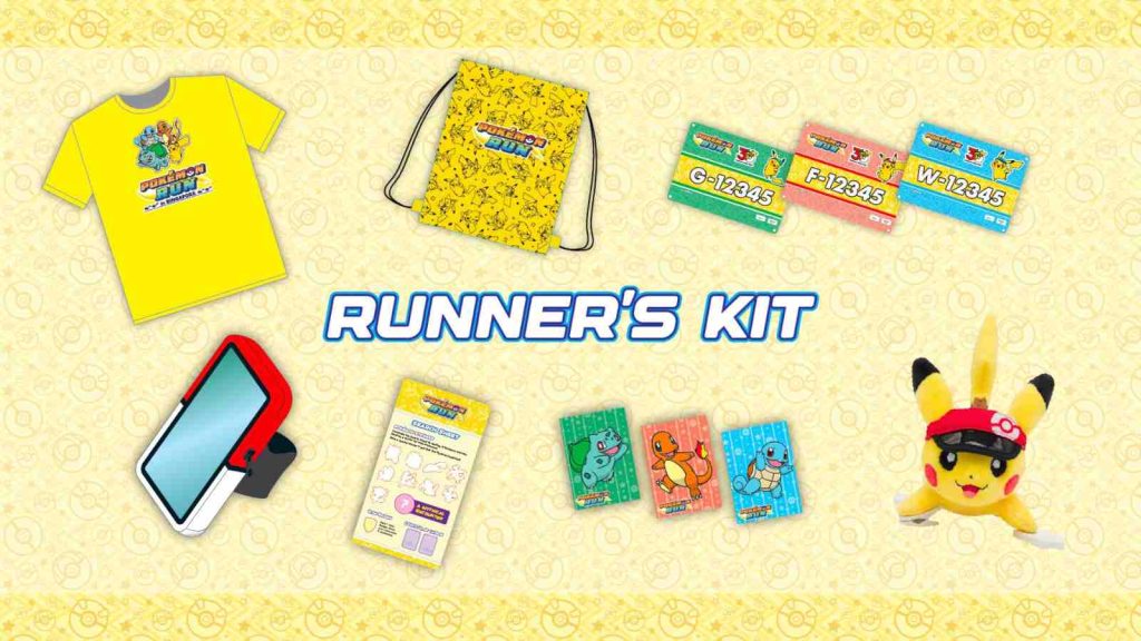 Pokemon Run Singapore 2026 runner's kit containing Pokemon Run 30 T-shirt, drawstring bag, Poke Ball-themed armband, Pokemon Run 30 Pokddex Search Sheet designed for use during the course