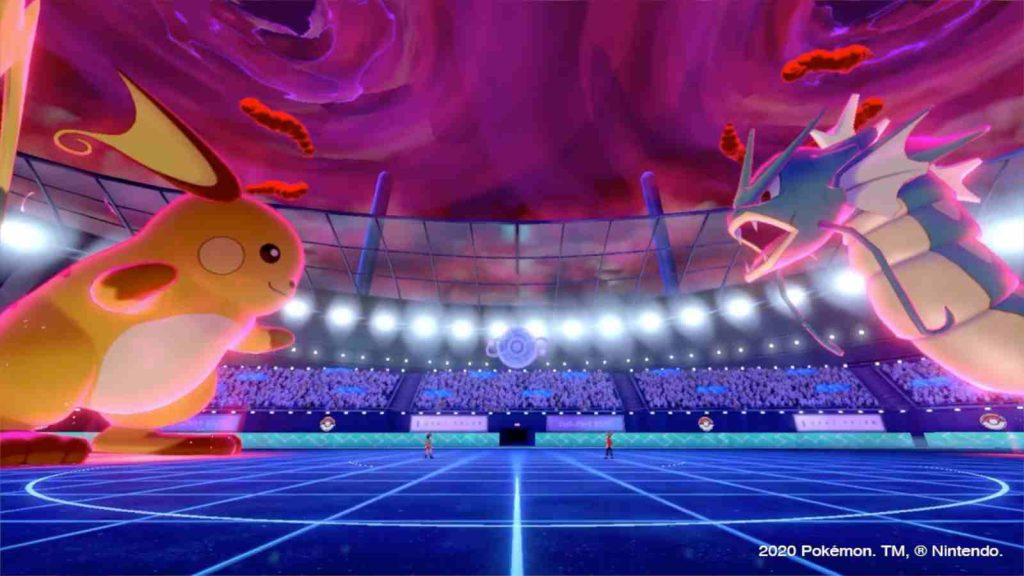 Raichu versus Gyarados in Pokemon Sword and Shield Dynamax battle