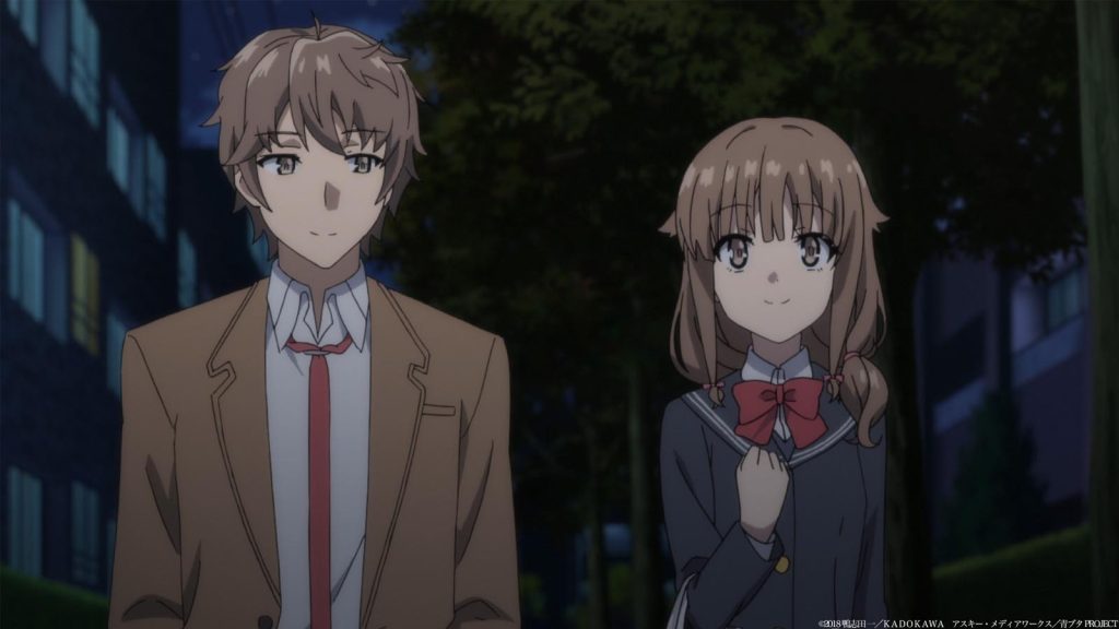 Male protagonist Sakuta Azusagawa together with his sister Kaede Azusagawa at night in the Rascal Does Not Dream of a Dear Friend movie.
