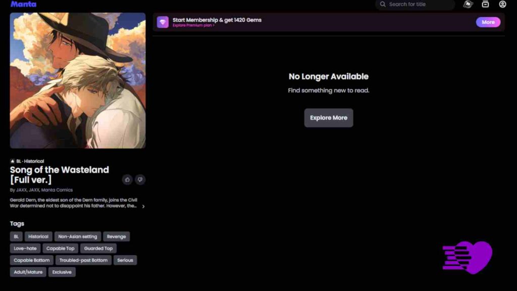 Song of the Wasteland by Jaxx official Manta Comics page showing that it is no longer available