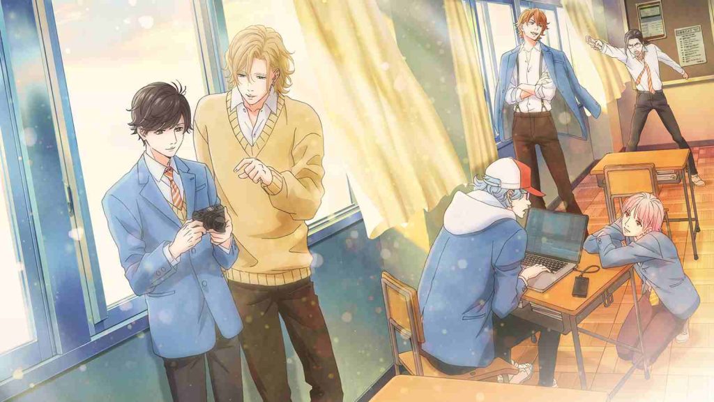 Tasogare Out of Focus anime key visual featuring Mao Tsuchiya, Hisashi Otomo, Jin Kikuchihara, Giichi Ichikawa, Rei Inaba, and Shion Yoshino in the classroom