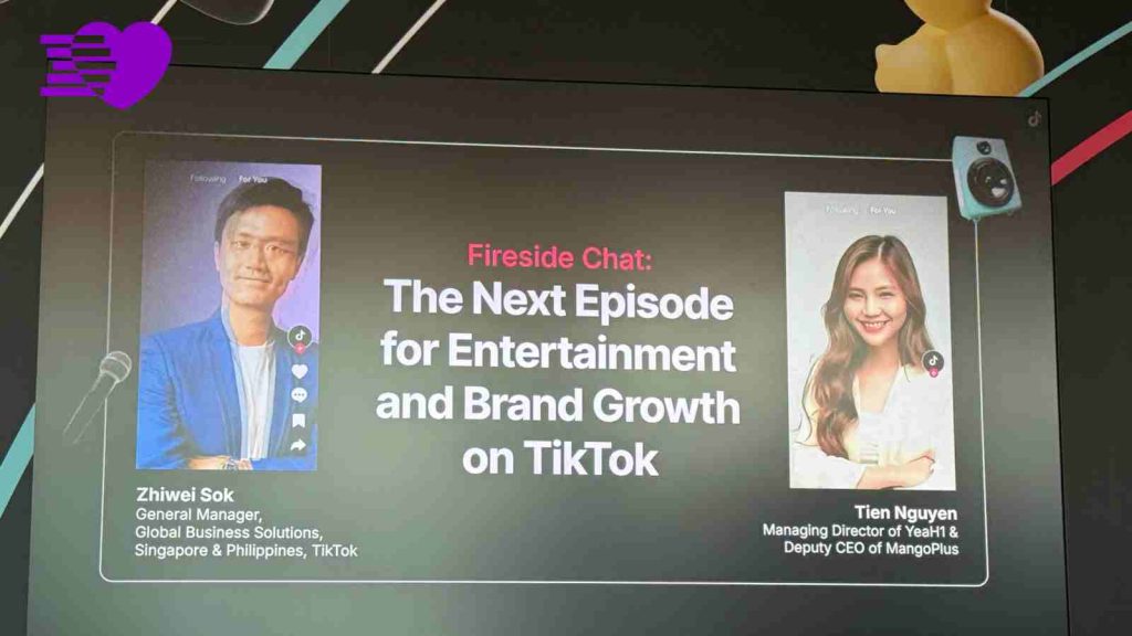 TikTok Singapore conference 2026's fireside chat with host Zhiwei Sok and guest speaker Tien Nguyen, Managing Director of YeaH1 and Deputy CEO of MangoPlus