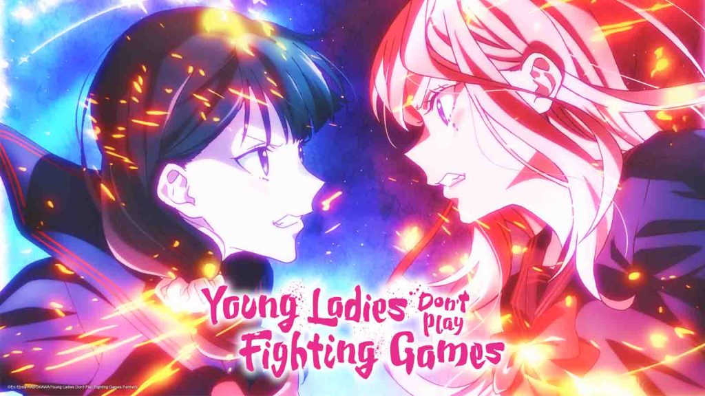 The main visual for the Young Ladies Don't Play Fighting Games anime series showing the protagonists Mio Yorue and Aya Mitsuki facing each other with sparks in between them.