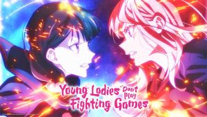 The main visual for the Young Ladies Don't Play Fighting Games anime series showing the protagonists Mio Yorue and Aya Mitsuki facing each other with sparks in between them.