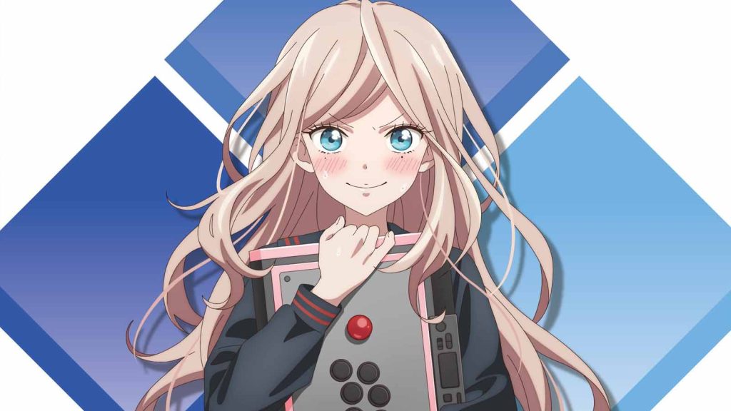 Mio Yorue from Young Ladies Don't Play Fighting Games holding a fighting stick while smiling, with the Evo logo on the background.
