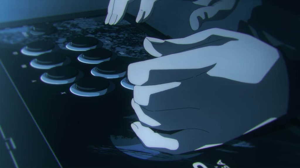 A screenshot from the teaser PV of the Young Ladies Don't Play Fighting Games anime showing a pair of hands using an arcade stick.