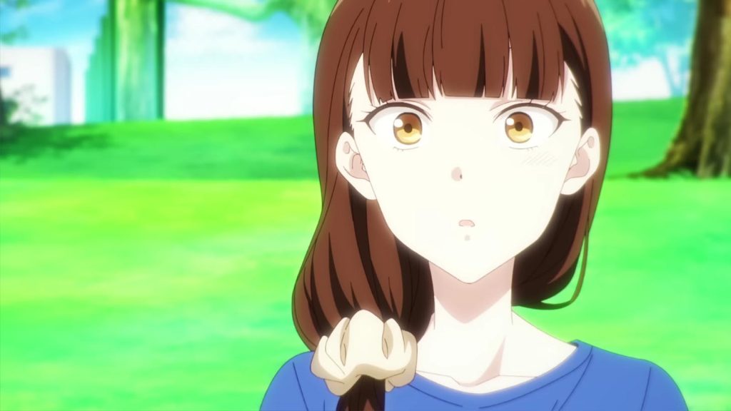 A screenshot from the teaser PV of the Young Ladies Don't Play Fighting Games anime showing Aya Mitsuki with a surprised look on her face.