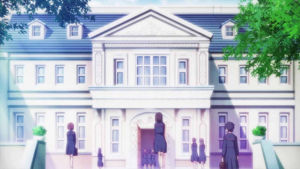 A screenshot from the teaser PV of the Young Ladies Don't Play Fighting Games anime showing the facade of Kuromi Girls Academy.