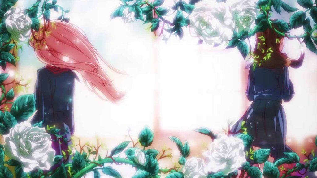 A screenshot from the teaser PV of the Young Ladies Don't Play Fighting Games anime showing the backs of Mio Yorue and Aya Mitsuki surrounded by plants and white roses.