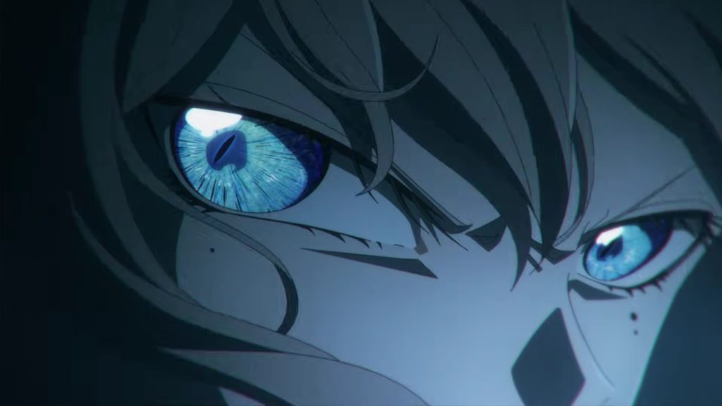 A screenshot from the teaser PV of the Young Ladies Don't Play Fighting Games anime showing a close-up of Mio Yorue's blue eyes.