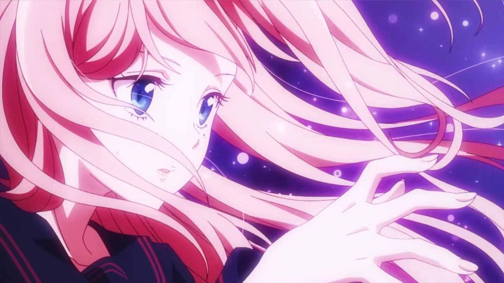 A screenshot from the teaser PV of the Young Ladies Don't Play Fighting Games anime showing Mio Yorue in the middle of a game with her hair flowing.
