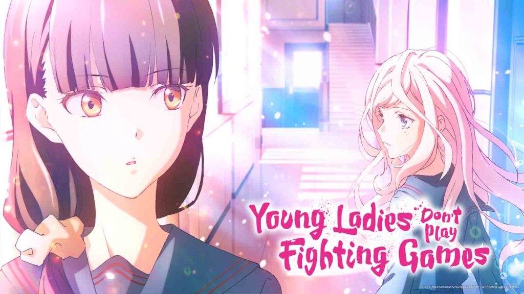 The teaser visual for the Young Ladies Don't Play Fighting Games anime series showing Aya Mitsuki glancing at Mio Yorue in the school hallway.